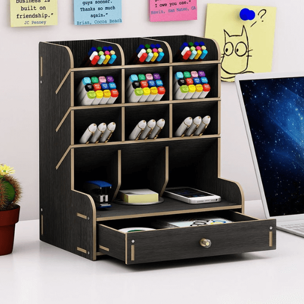 Creative Wooden Pen Holder Organizer Drawer